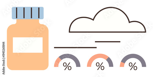 Cloud computing, data analytics, technology management, storage solutions, database, progress tracking. Image shows a jar, cloud icon and percentage graphs. Cloud computing and data analytics