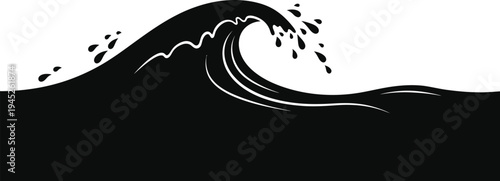 A black and white illustration of a crashing ocean wave