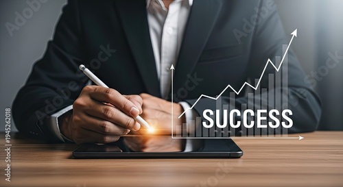 Businessman analyzing success graph on digital tablet