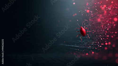 Abstract red digital insect symbolizing a potent cyber threat or malware vulnerability in a dark, glowing network environment, representing data corruption and system compromise