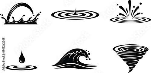 Water droplets and waves icon set