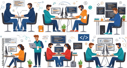 Software developers and programmers working on computers coding web applications and software engineering characters in flat vector illustration set