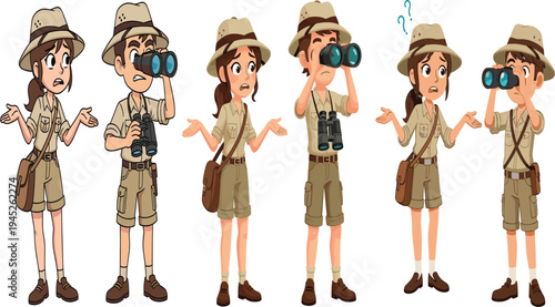 Cartoon explorers man and woman in safari outfits with binoculars, humorous adventure illustrations for discovery, education, storytelling, and creative design projects
