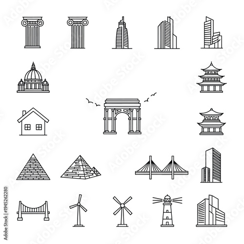 Vector illustration showcases various global landmarks and structures in a single composition