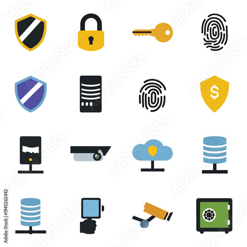 Financial technology icons depict various security and fintech elements in a graphic illustration.