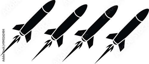 Rocket missile icons set, black vector collection of flying rockets for military and weapon technology concept isolated on white background for defense and aerospace design.