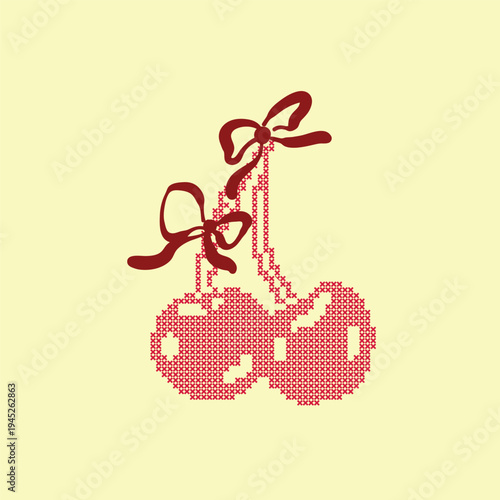 Slika na platnu cross-stitch Pixel style Cherries with Double Ribbon Bows for Retro Design