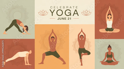 Yoga celebration poster with people in various poses on colorful background
