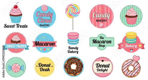 Collection of colorful sweet treats and bakery labels.