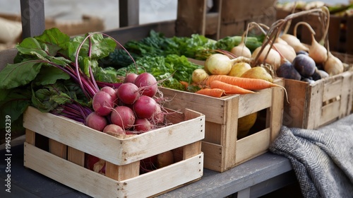 Fresh organic vegetables in wooden crates at a market stall  