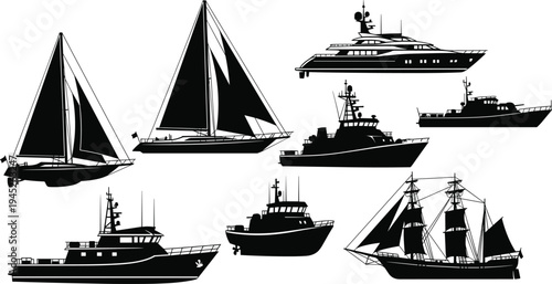 Boat and yacht silhouettes collection, sailing ships marine vessels maritime transport nautical travel sea vector illustration set