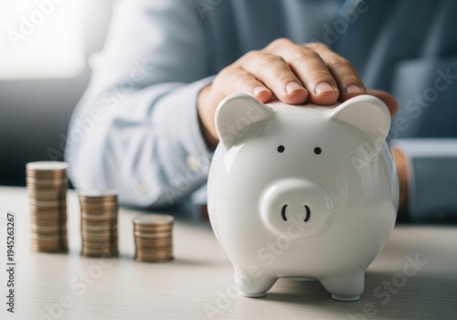 Person saving money with piggy bank and stacked coins on table