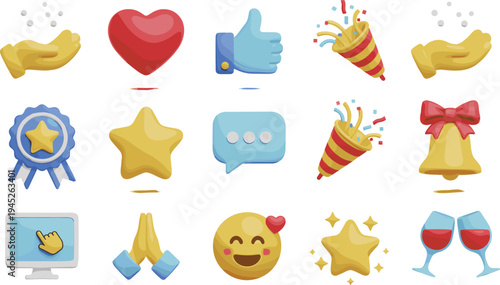 3D glossy celebration and social media icon collection featuring happy emoji heart star thumbs up party popper and award ribbon symbols.