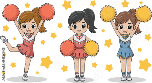Cheerleading squad vector collection featuring cute anime style girls with pom poms performing a routine with star.