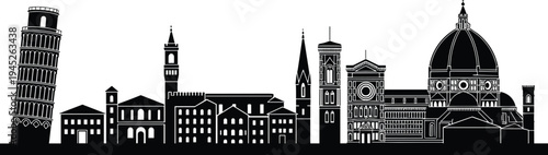 Florence Italy skyline silhouette, Pisa leaning tower cathedral dome historic architecture cityscape famous landmarks travel tourism European vector illustration