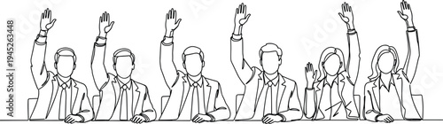 Business people raising hands in meeting line art illustration, corporate team voting discussion, conference participation concept vector