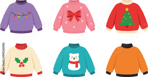 Christmas holiday ugly sweater vector collection featuring festive designs with a polar bear Christmas tree reindeer bow and seasonal winter patterns.