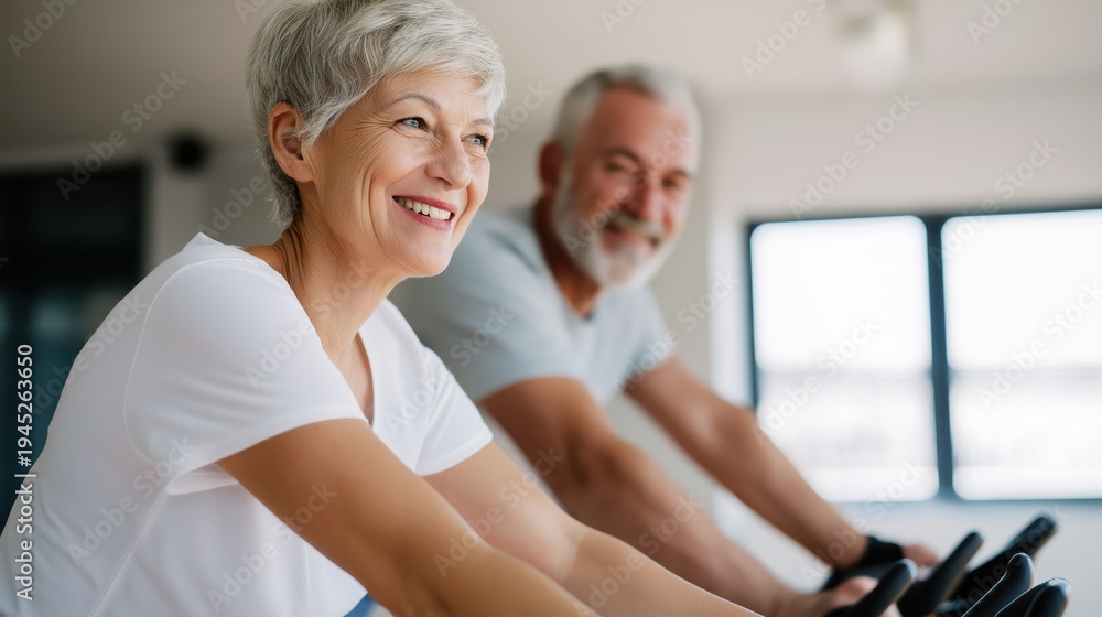 Obraz premium Older couple smiling while exercising on stationary bikes indoors