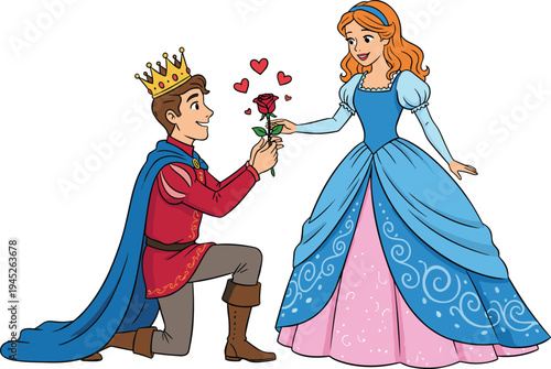 Fairy tale prince kneeling and proposing with a red rose to a beautiful princess in a blue dress with hearts.