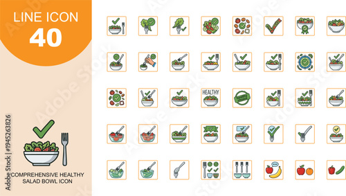 Comprehensive healthy salad bowl icon set featuring fresh vegetables, vegan diet, organic nutrition, meal planning, fitness lifestyle, and green checkmark.