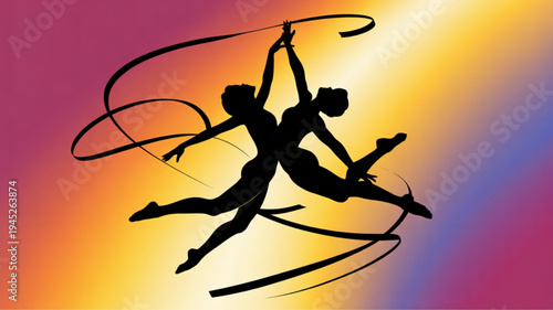 Two acrobats performing aerial dance move with ribbons against colorful gradient background
