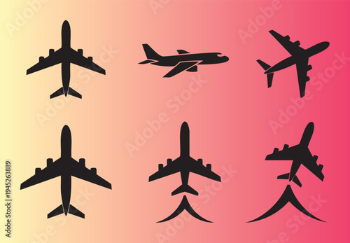 Collection of six different airplane silhouettes in various flight positions and angles isolated