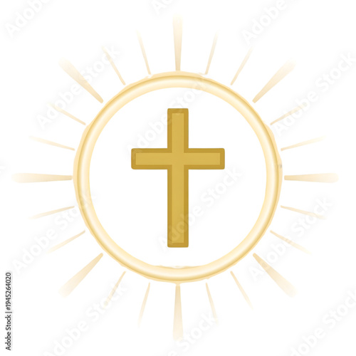 Golden Christian Cross Symbol with Radiant Light Beams on White Background
