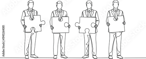 Business team holding puzzle pieces line art illustration, teamwork cooperation concept, corporate partnership solution strategy vector isolated