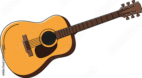 Acoustic guitar illustration, musical instrument artwork, wooden body design, stringed instrument drawing, educational music tool, artistic sound hole detail