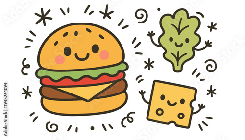 A cartoon hamburger icon with smiling lettuce and cheese illustration
