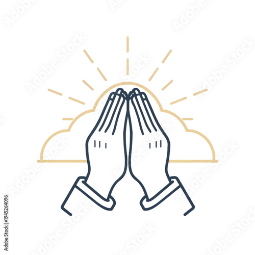 Minimalist flat vector icon of praying hands with divine light rays and clouds on white background, symbol of faith and spirituality