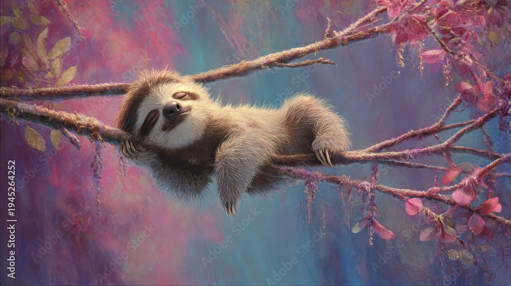 Naklejka premium Sloth resting on a branch surrounded by colorful flowers in a vibrant forest setting during the day