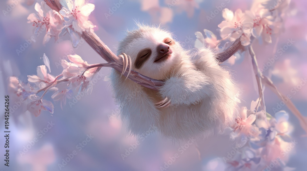 Obraz premium Sloth rests on a branch surrounded by flowers in a colorful background during daytime