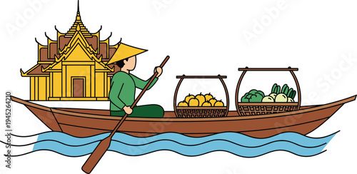 Traditional Thai floating market illustration, wooden boat with produce, cultural commerce artwork, temple background design, local agriculture scene, conical hat farmer