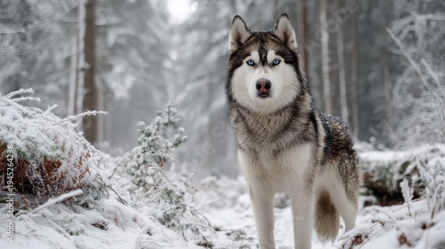Husky standing in snow-covered forest during winter in soft light with trees in the background
