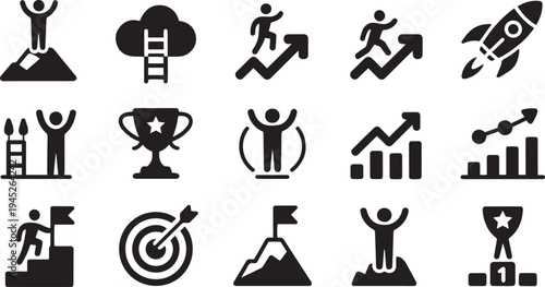 Motivation Icons Set. Personal Growth, Goal Achievement and Success Symbols Vector