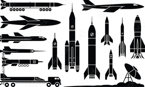 Space rocket and military missile vector illustration set, clean black and white vector icons of rockets shuttles and military missiles for defense technology and aerospace applications.