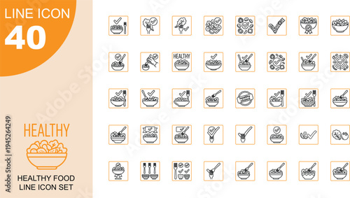 Healthy food line icon set, green salad bowl, vegan diet choice checkmark, nutrition outline vector illustration, organic eating lifestyle design