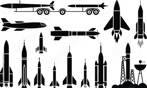 Space rocket and military missile vector illustration set, aerospace technology icons featuring shuttle launch vehicles and ballistic weapon silhouettes for defense industry and aerospace design.