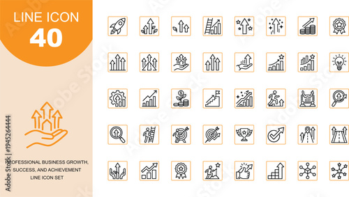 Professional business growth, success, and achievement line icon set featuring arrows, charts, rockets, trophies, progress symbols, career development, and financial profit.
