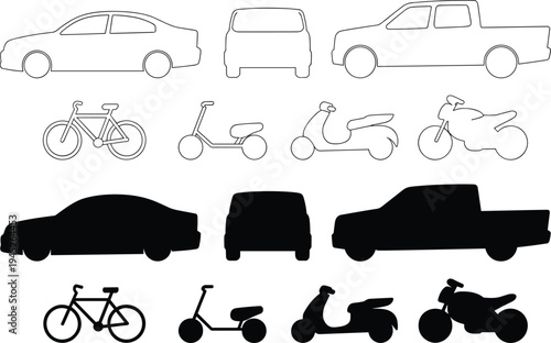 Black and white outlines and filled silhouettes of various vehicles including cars, bicycles, scooters, and motorcycles