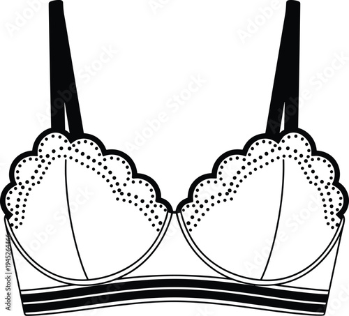 Scalloped lace bra lingerie, elegant women underwear, feminine intimate apparel, stylish fashion undergarment illustration, delicate bra design