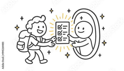 A cartoon character showing a checklist to another character in a mirror