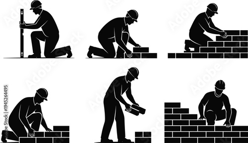 Construction worker bricklaying silhouette set, builder laying bricks illustration, masonry work process, construction labor vector isolated on white background