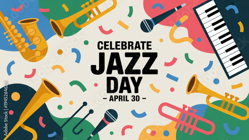 Vibrant jazz day celebration background with musical instruments and confetti on april 30th