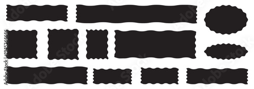 wavy rectangular frames scallop set red. Postage stamp borders.Set of red wavy edge frames. Rectangle shape frame with zigzag edge.Geometric zig zag wavy edge stickers, frames, shapes.Zig zag edge