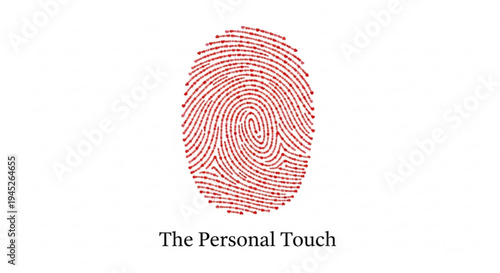 Red fingerprint with personal touch text on white background symbolizing identity and individuality