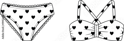 Heart pattern bikini set, cute women swimsuit, romantic beach swimwear, stylish summer fashion bikini, female swimwear illustration isolated