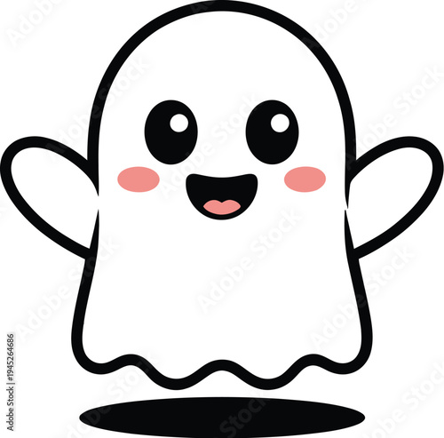Cute cartoon ghost character floats happily with wide open arms.