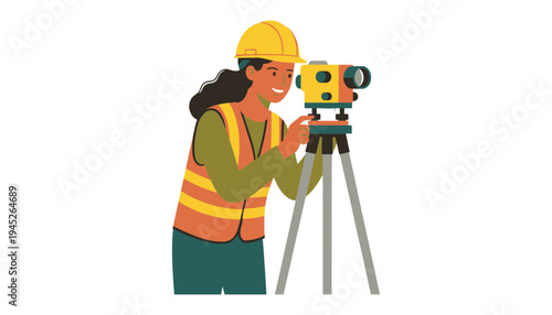 Surveyor woman using a yellow theodolite on a tripod outdoors